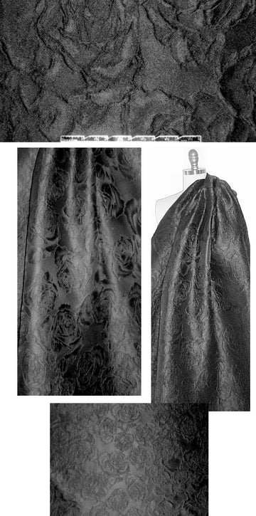 Italian black on black poly/silk blend rose brocade