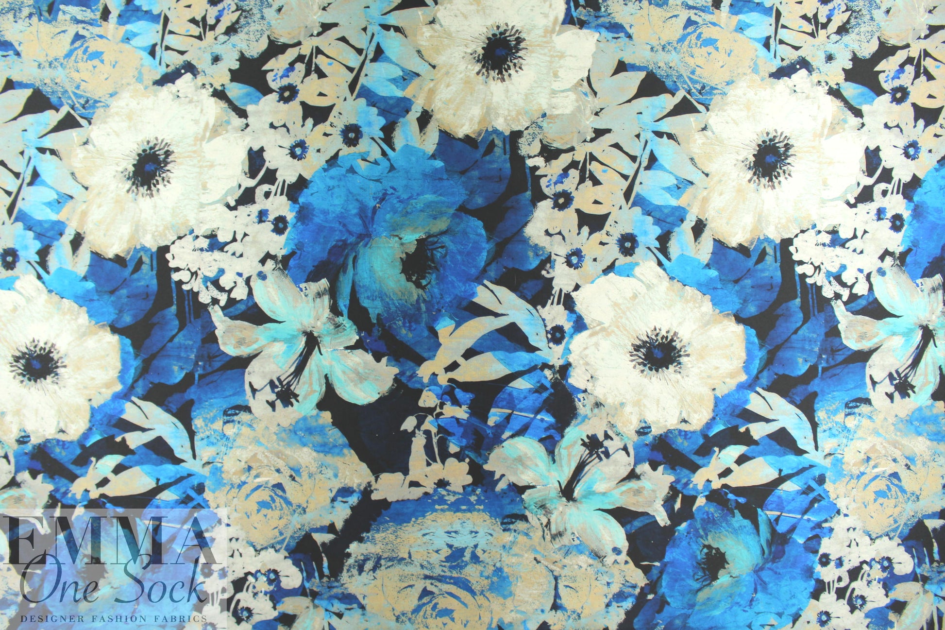 NY designer painterly floral 'poly-silk' twill - blues 1.5 yd