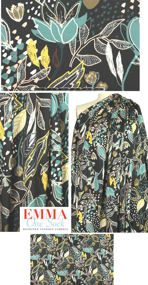 Italian 'poly-silk' twill - stylized floral on black 1.5 yd