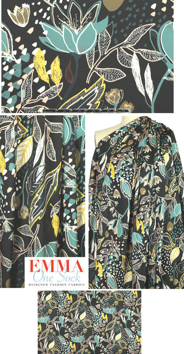 Italian 'poly-silk' twill - stylized floral on black 1.5 yd