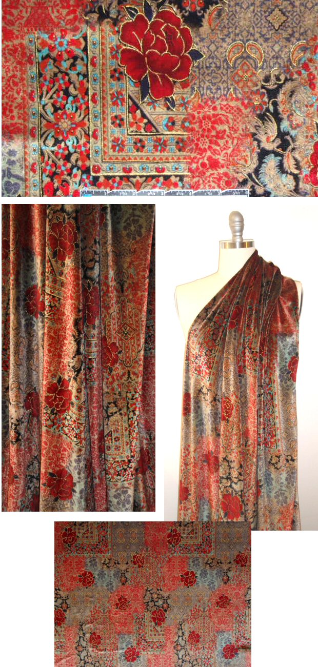 German printed velvet knit, red/aqua/black 2 yds
