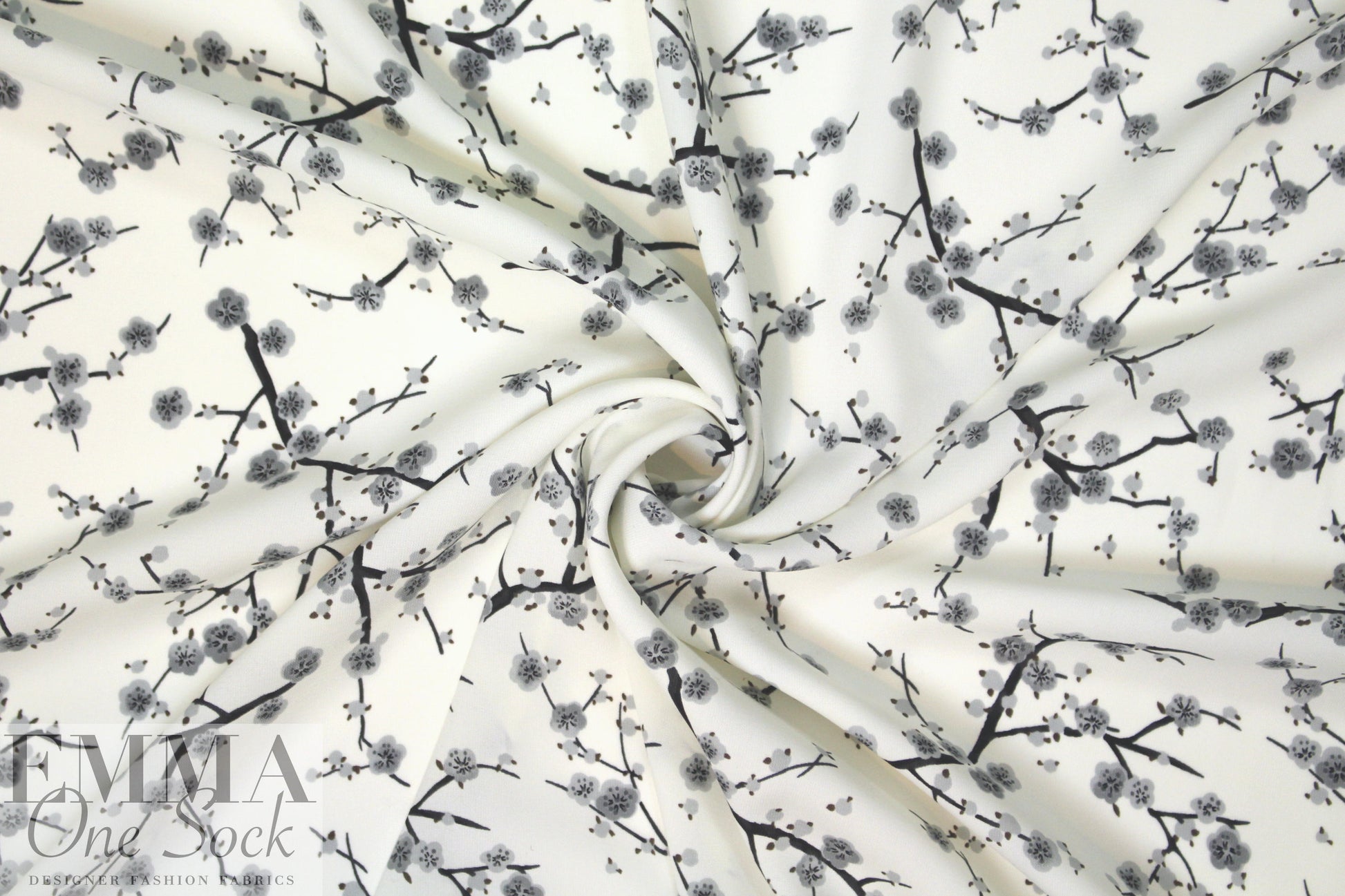 evening blossoms poly 'silk' woven - cream/gray 1.875 yds