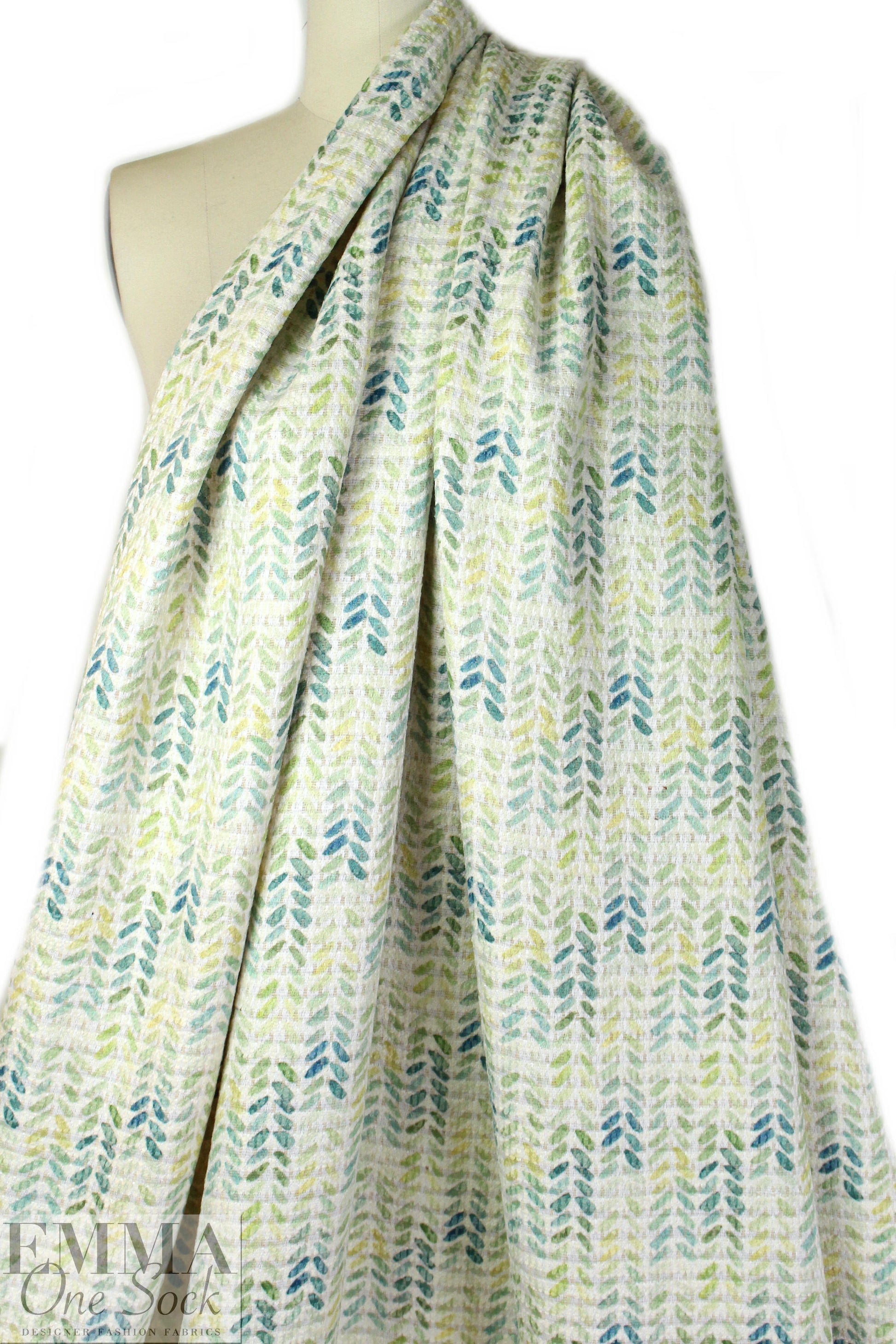 Italian blue/green over-printed wool blend basketweave 2 yd