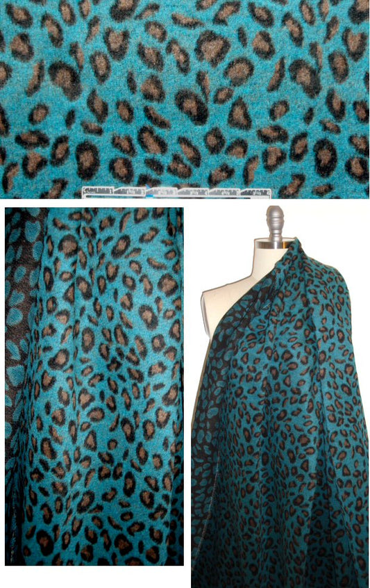 washable poly/wool cheetah brushed woven - teal/mocha 1.125 yds