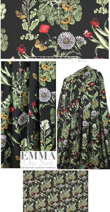 flora and fauna poly 'silk' woven - black/green/red