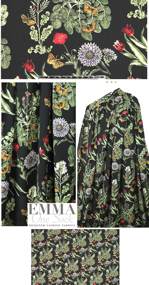 flora and fauna poly 'silk' woven - black/green/red 1 yard