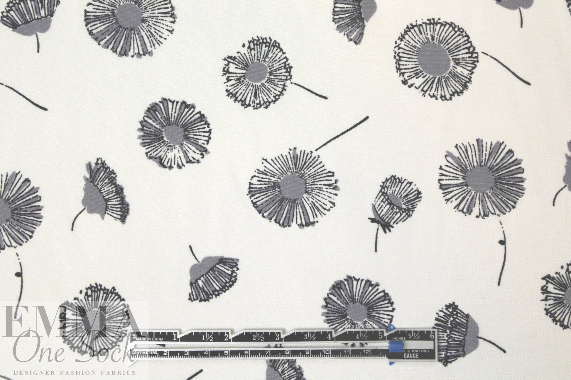 flower puffs poly crepe woven - black/gray/cream 1.875 yd