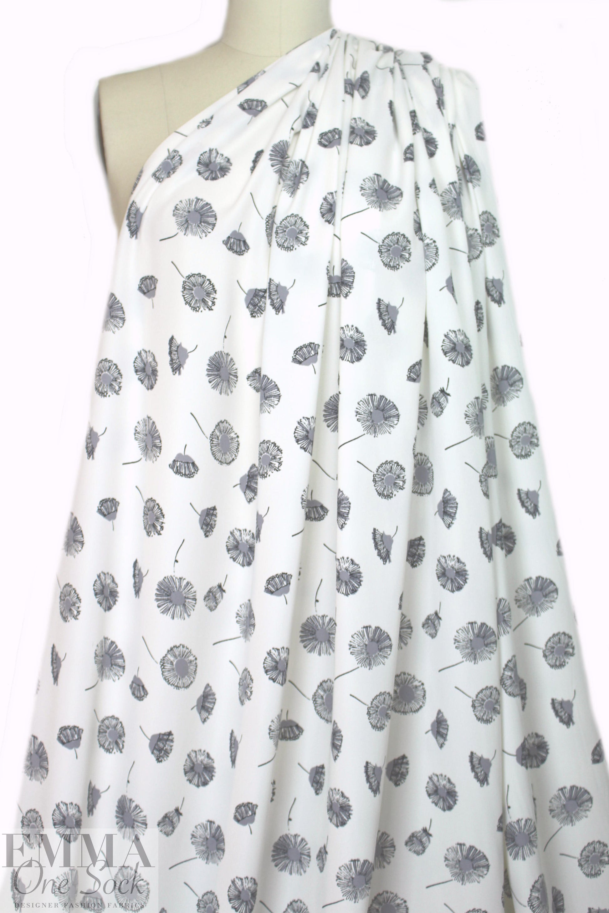 flower puffs poly crepe woven - black/gray/cream .875 yds