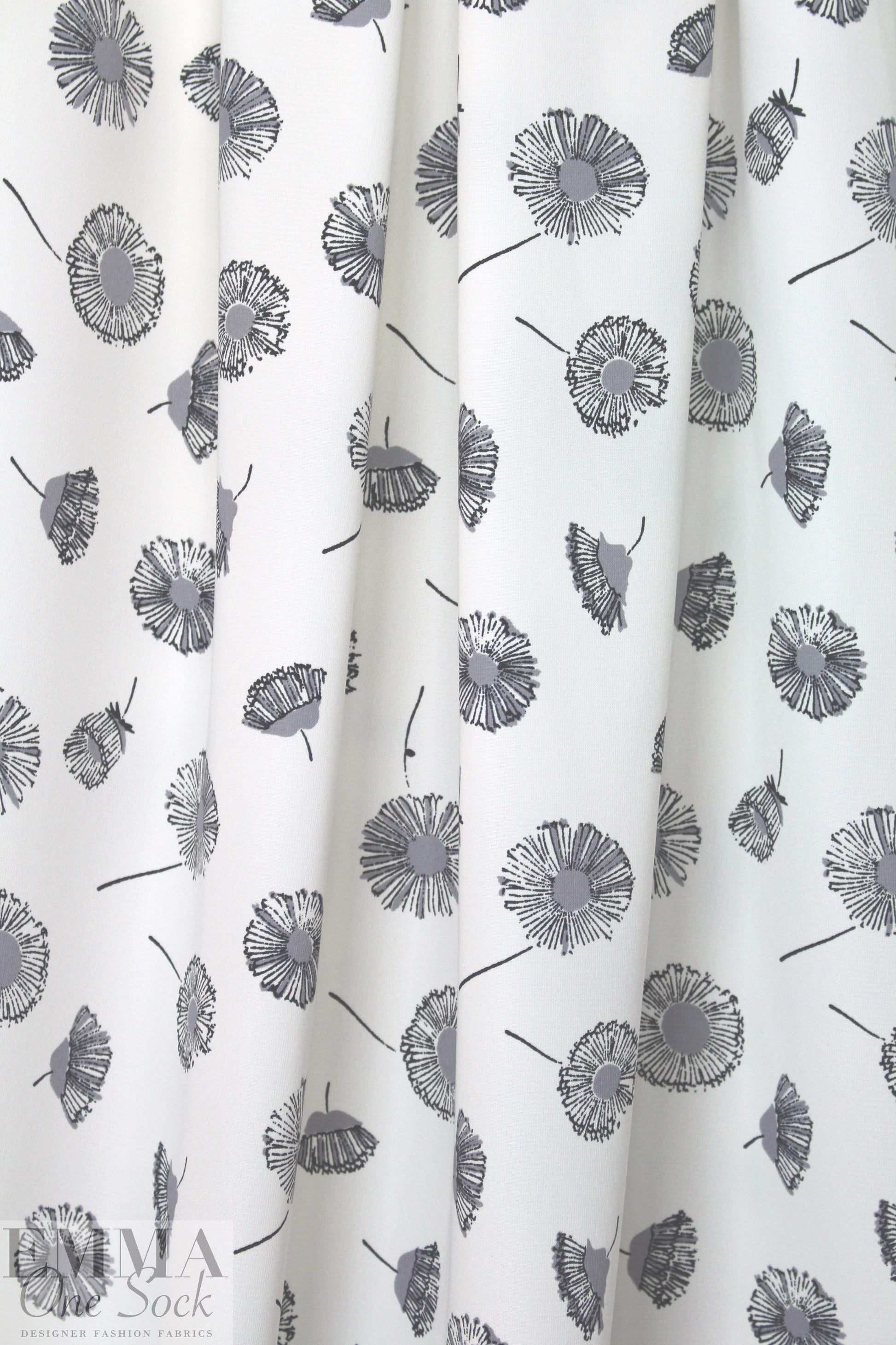 flower puffs poly crepe woven - black/gray/cream .875 yds