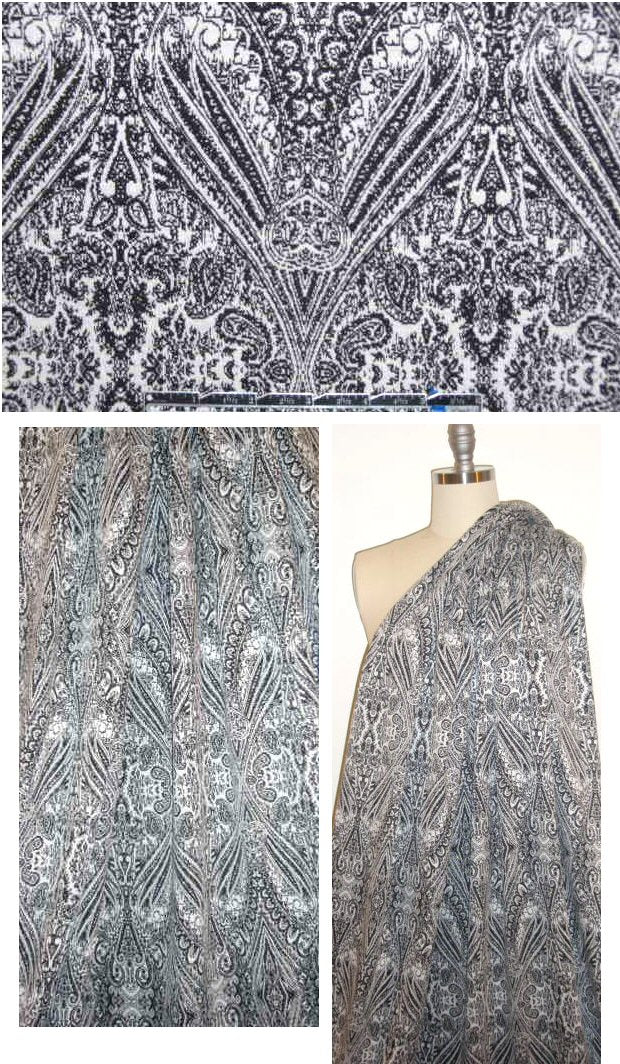 intricate scroll yarn-dye patterned ponte- black/white 1.375 yds