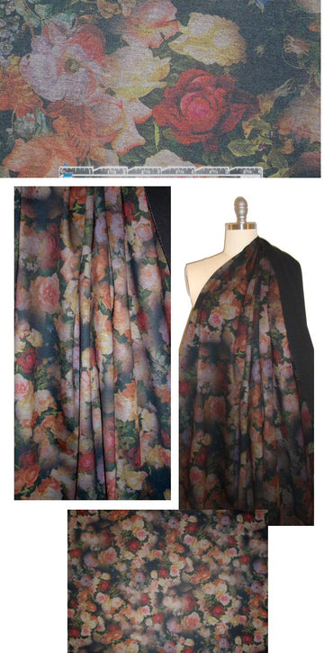 nocturnal floral ponte - sepia/garnet/forest 2 yd