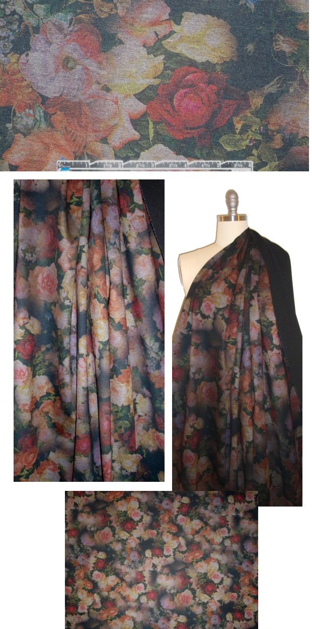 nocturnal floral ponte - sepia/garnet/forest 1.125 yds