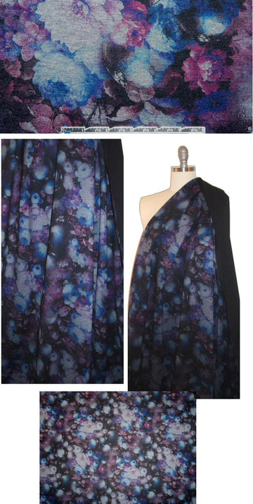 nocturnal floral ponte - wine/blue/gray 1.25 yds