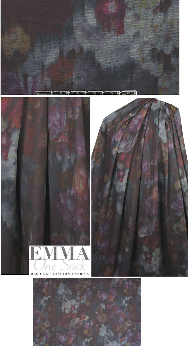 vintage floral ponte - burgundy/gray/sepia 2.5 yds