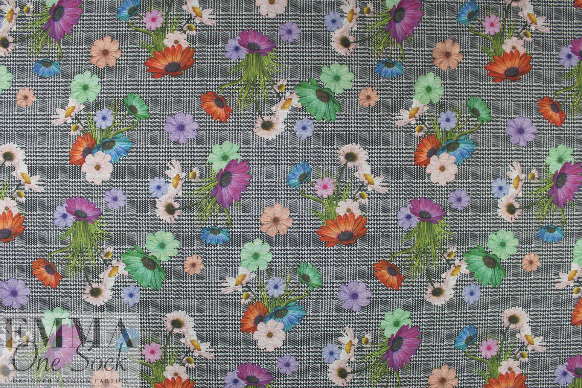 houndstooth check and flowers ponte print 1 yard