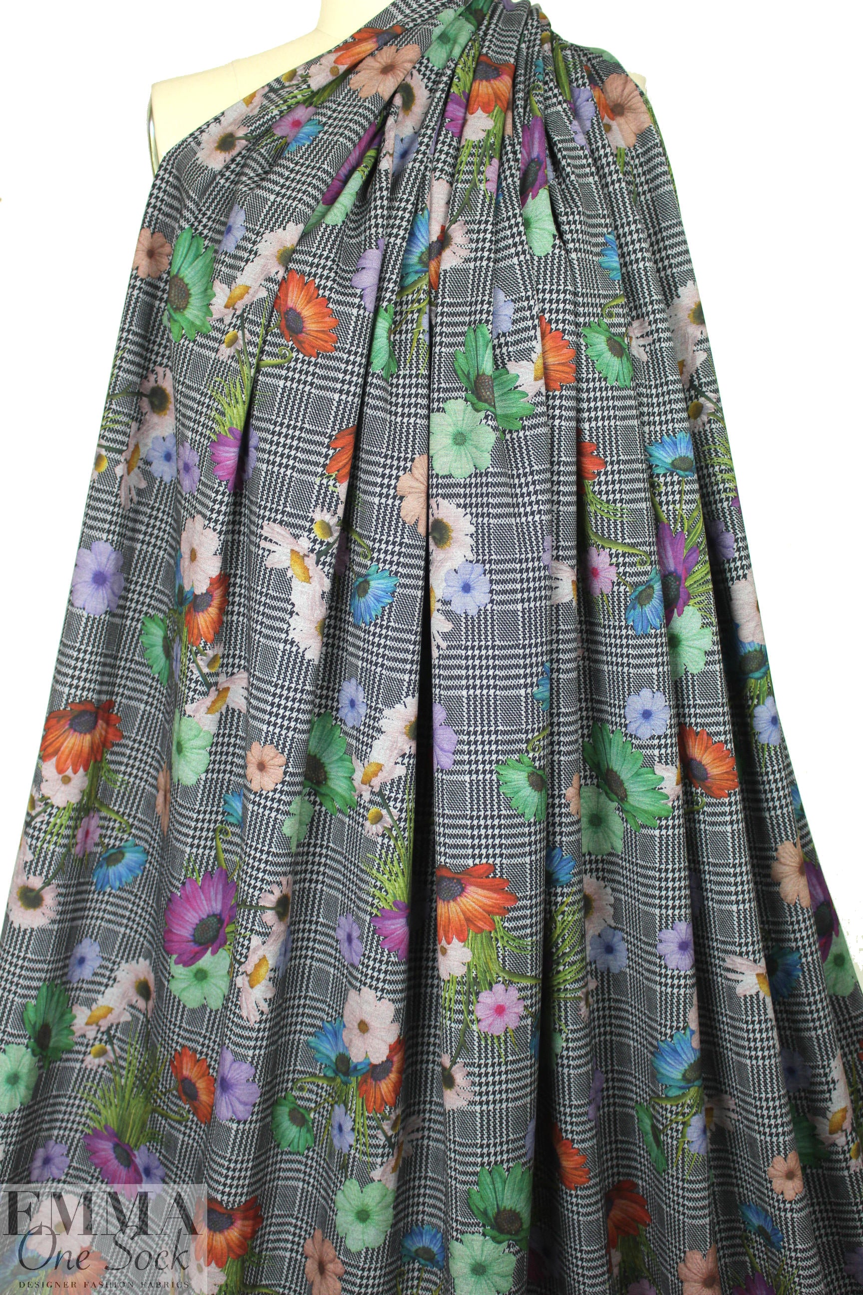 houndstooth check and flowers ponte print 1 yard