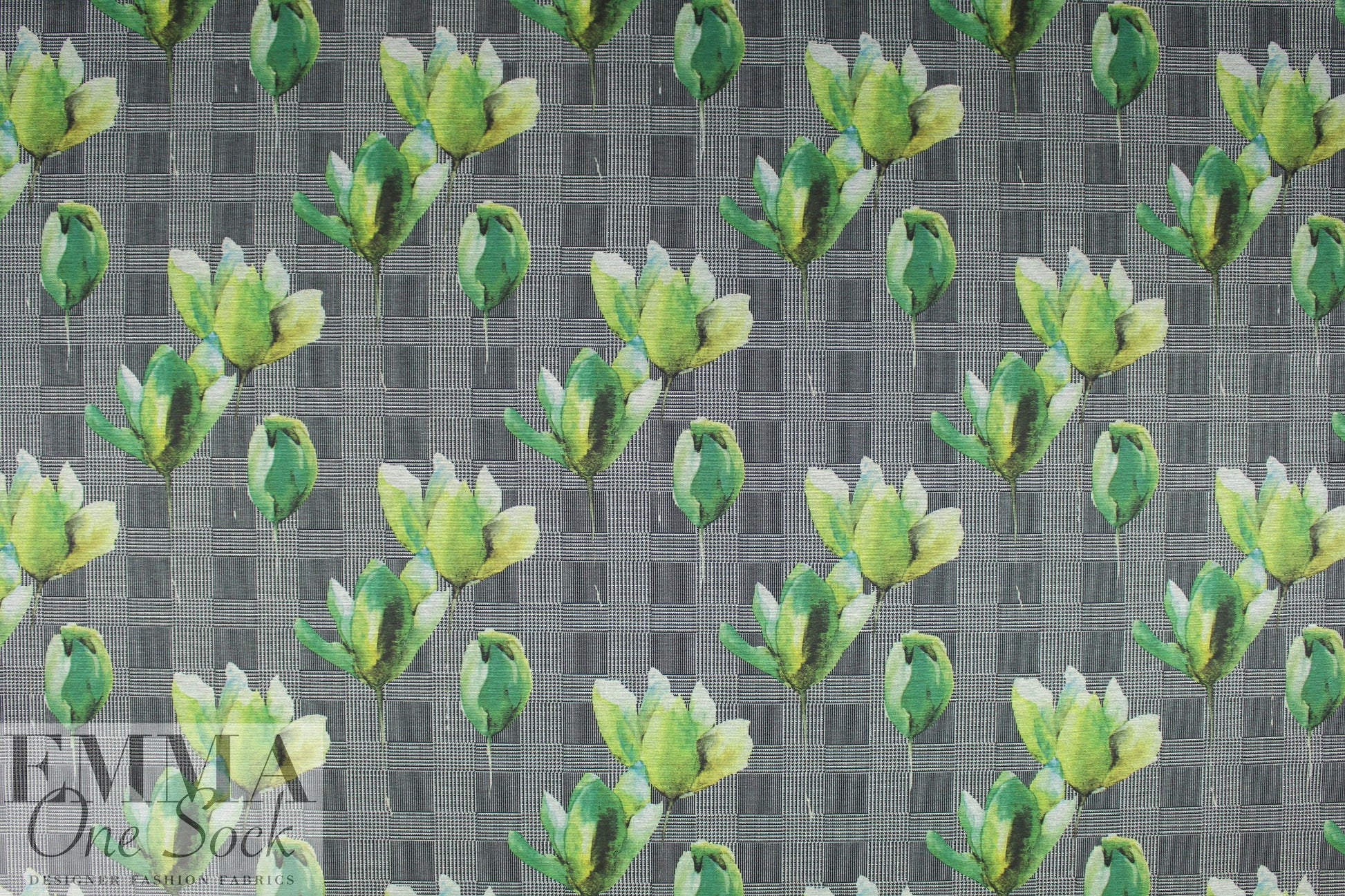 houndstooth check and tulips ponte - greens 1.75 yd