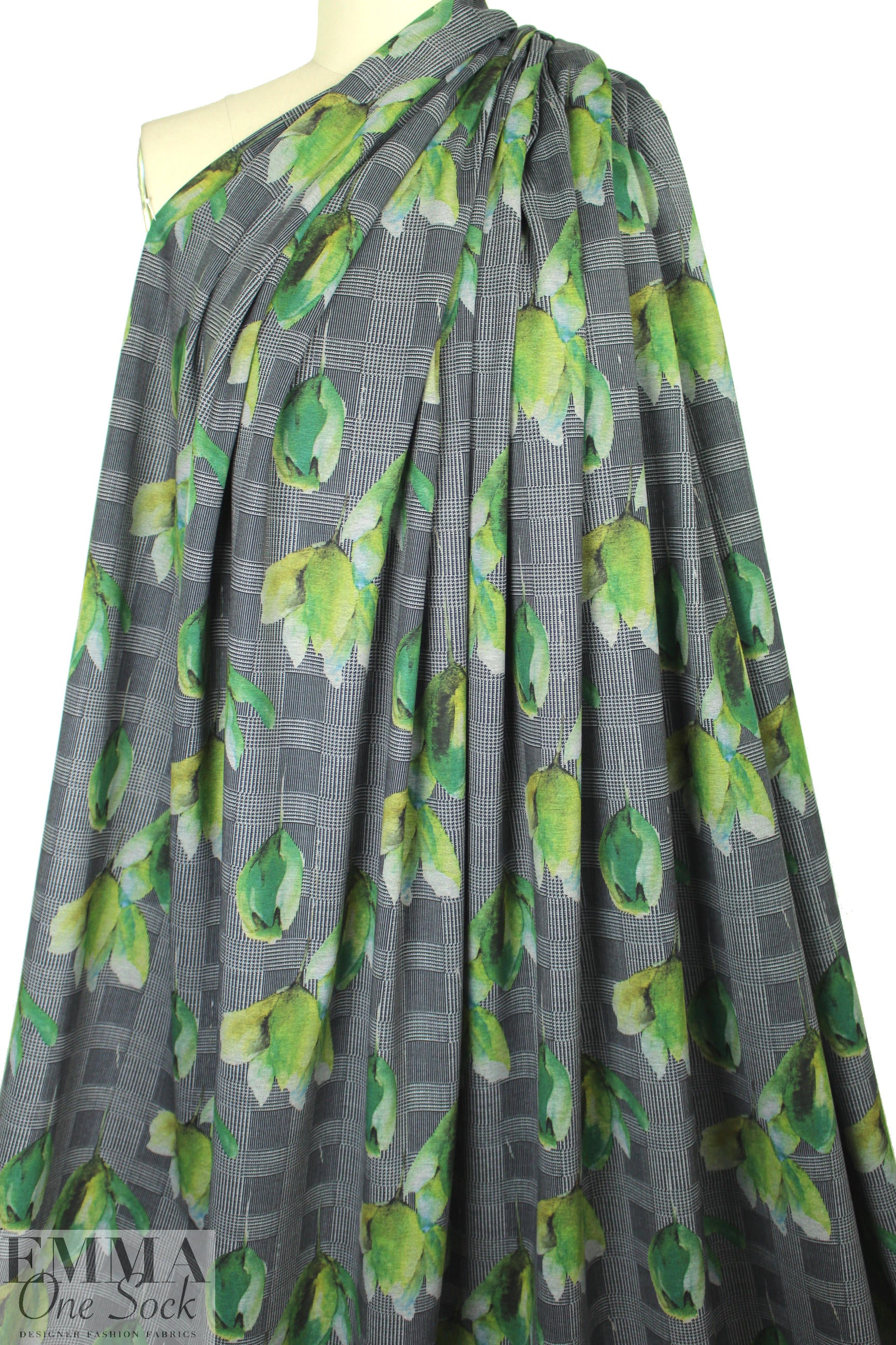 houndstooth check and tulips ponte - greens 1.375 yds