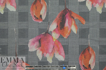 houndstooth check and tulips ponte - rouge 1.5 yd