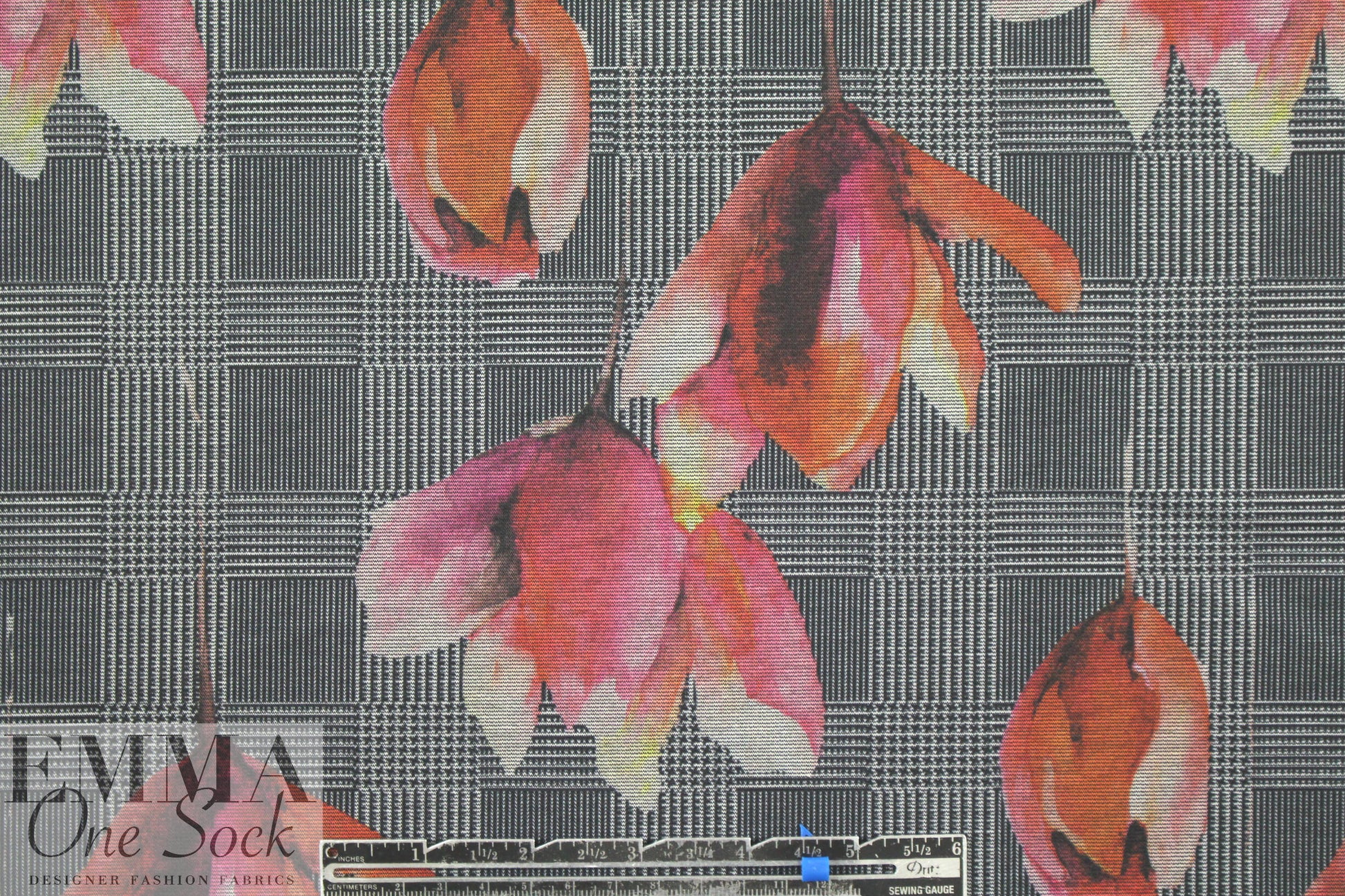 houndstooth check and tulips ponte - rouge 1.75 yd