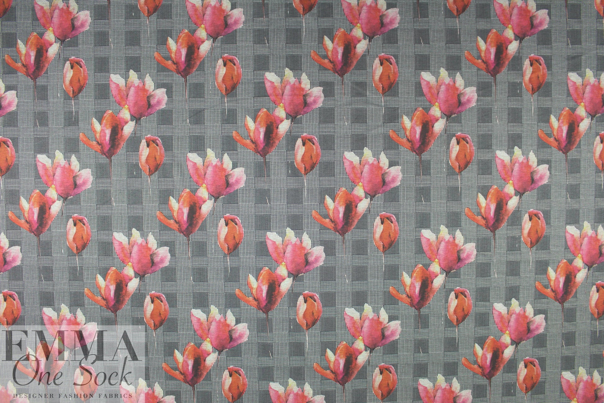 houndstooth check and tulips ponte - rouge