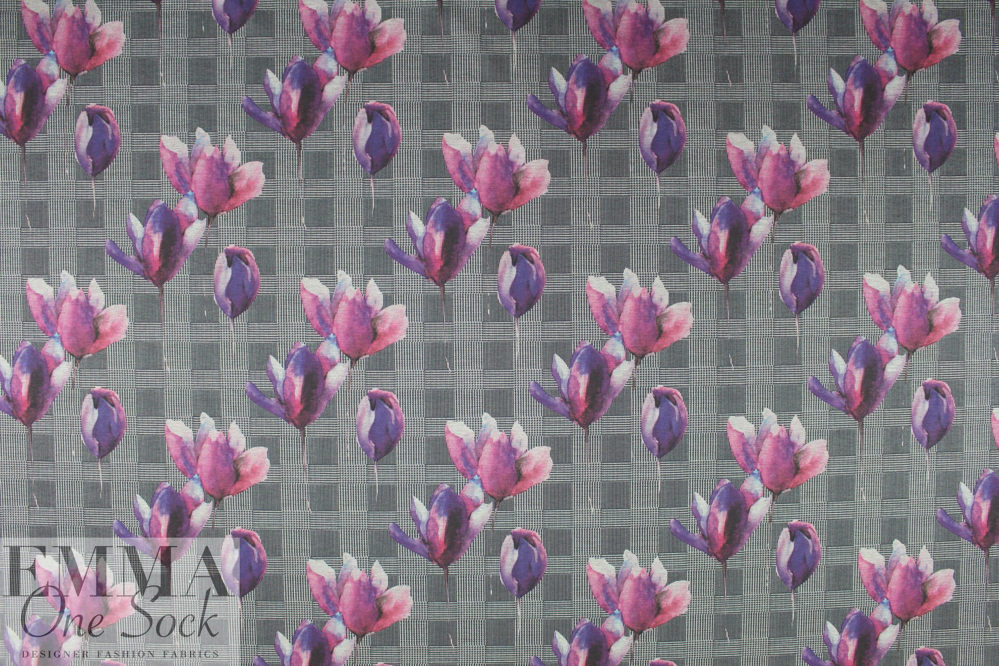 houndstooth check and tulips ponte - fuchsia .875 yds