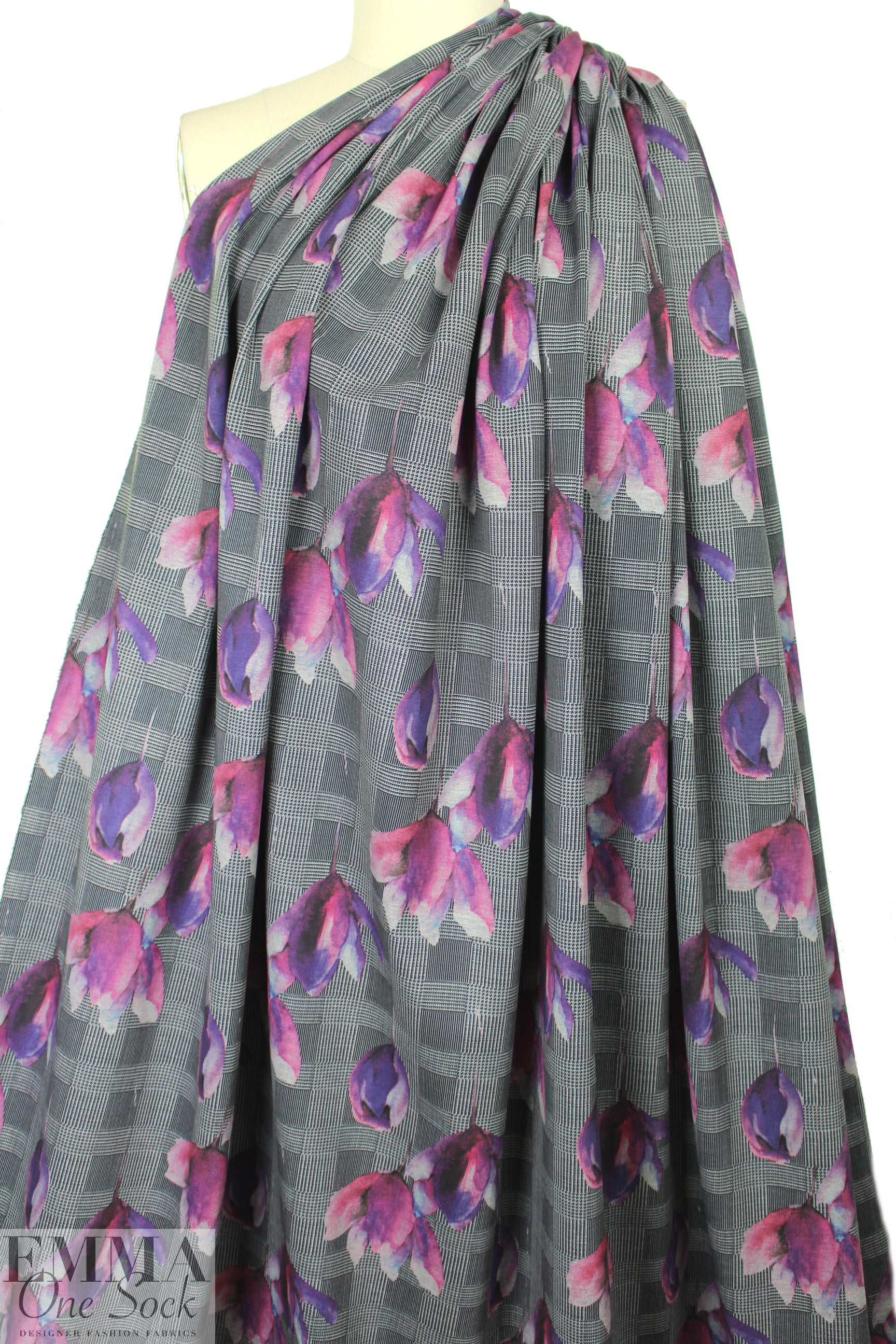 houndstooth check and tulips ponte - fuchsia 1.75 yds