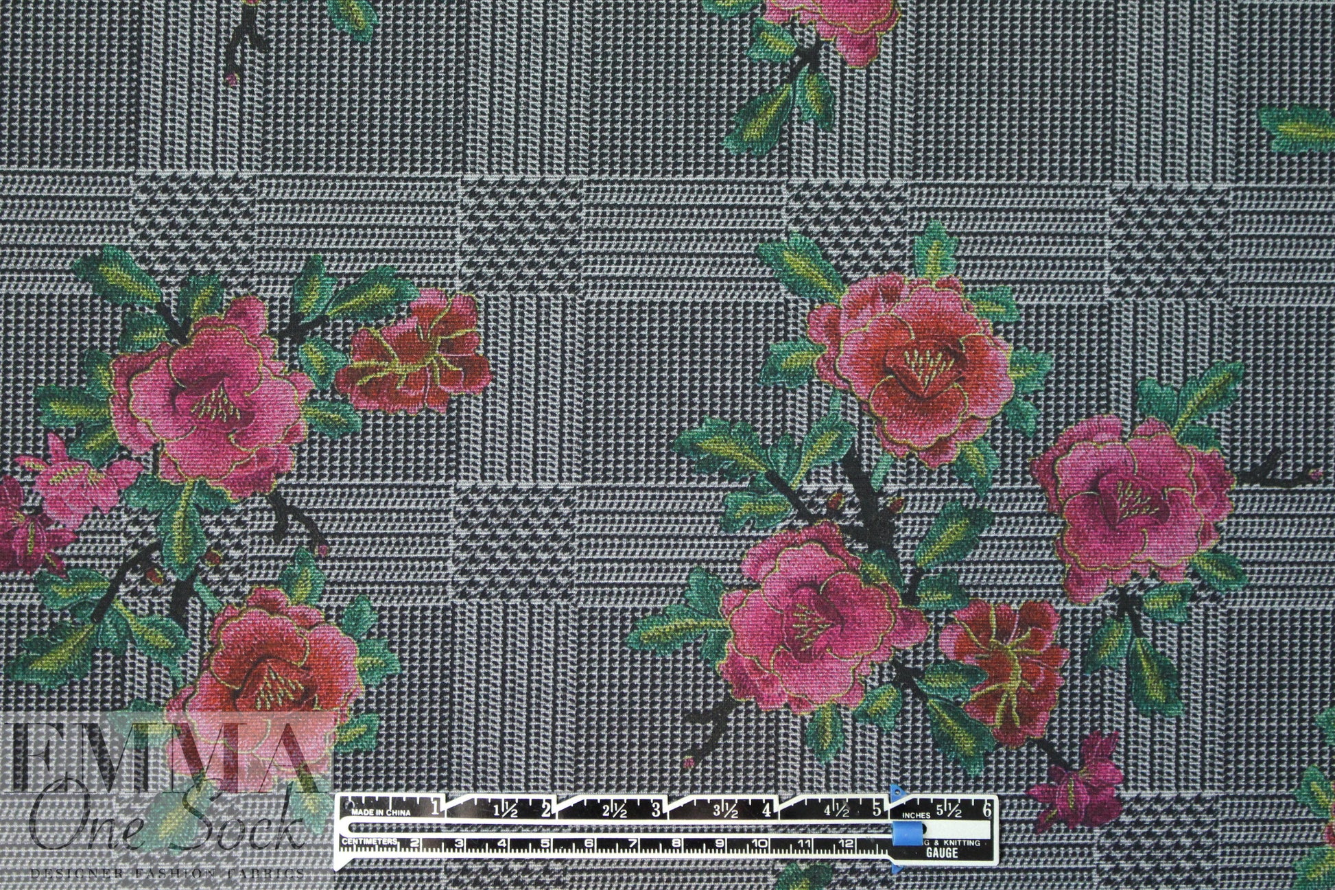 blossoms on glen plaid ponte - rose/gray