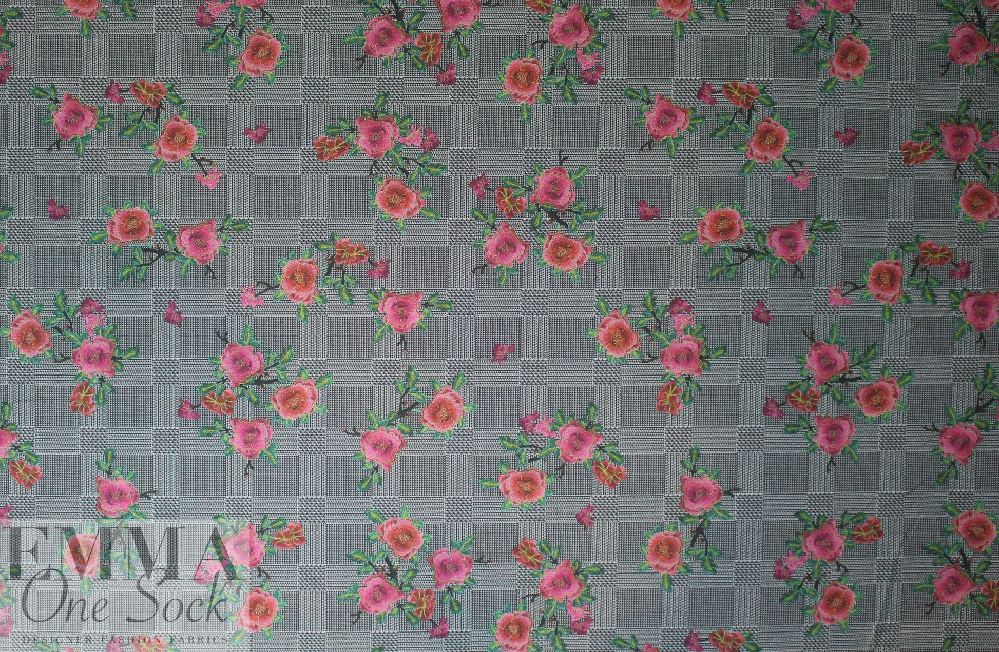 blossoms on glen plaid ponte - rose/gray