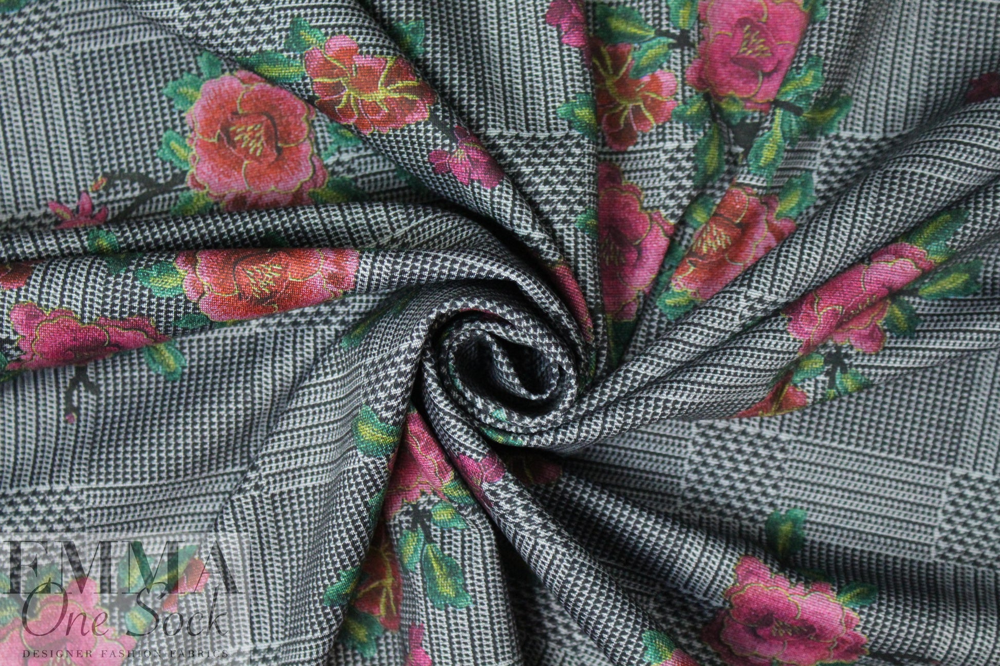 blossoms on glen plaid ponte - rose/gray