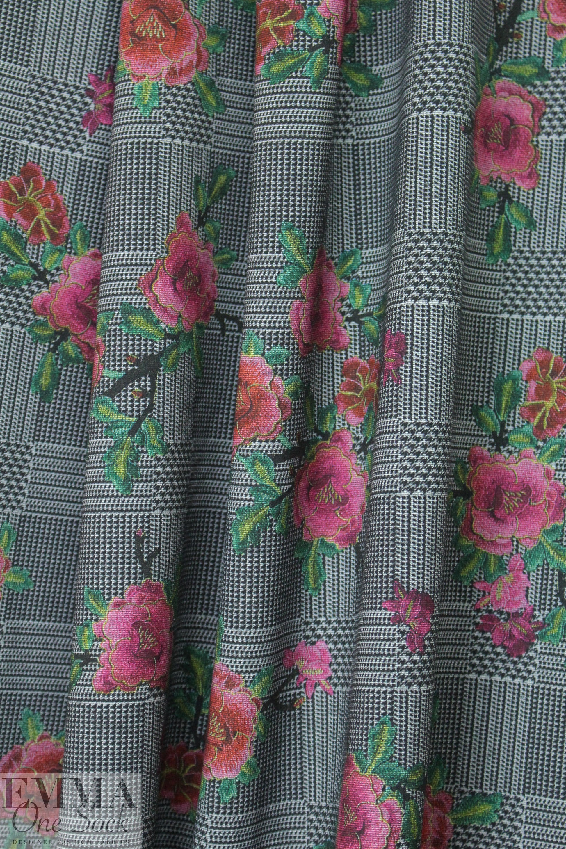 blossoms on glen plaid ponte - rose/gray 1.625 yd
