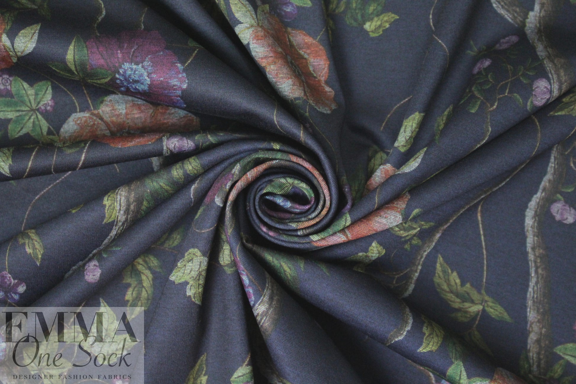 nocturnal blossoms ponte - navy/wine 1.125 yds