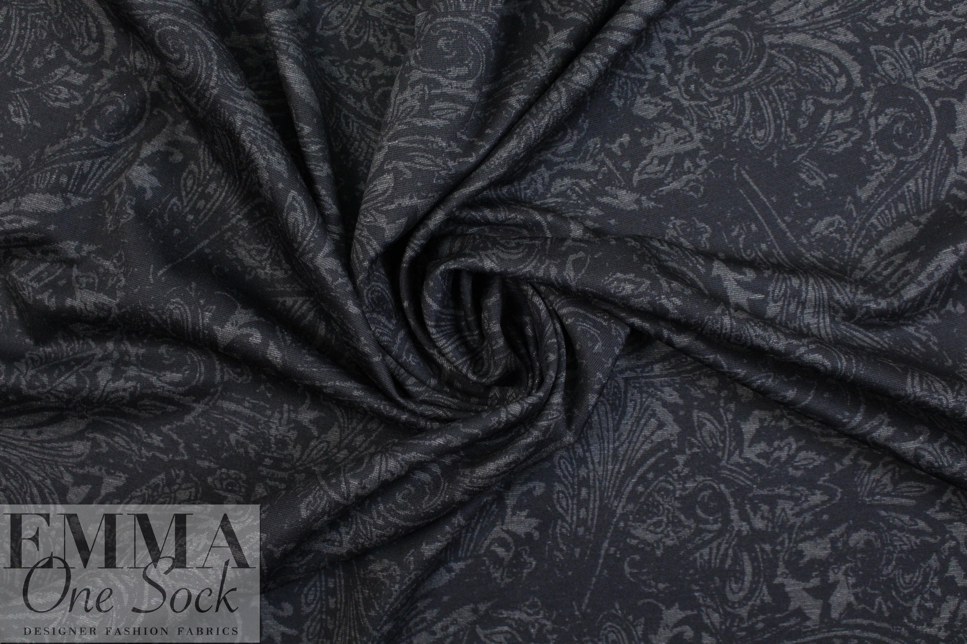 charcoal and black paisley floral 4-way stretch ponte 1.25 yds