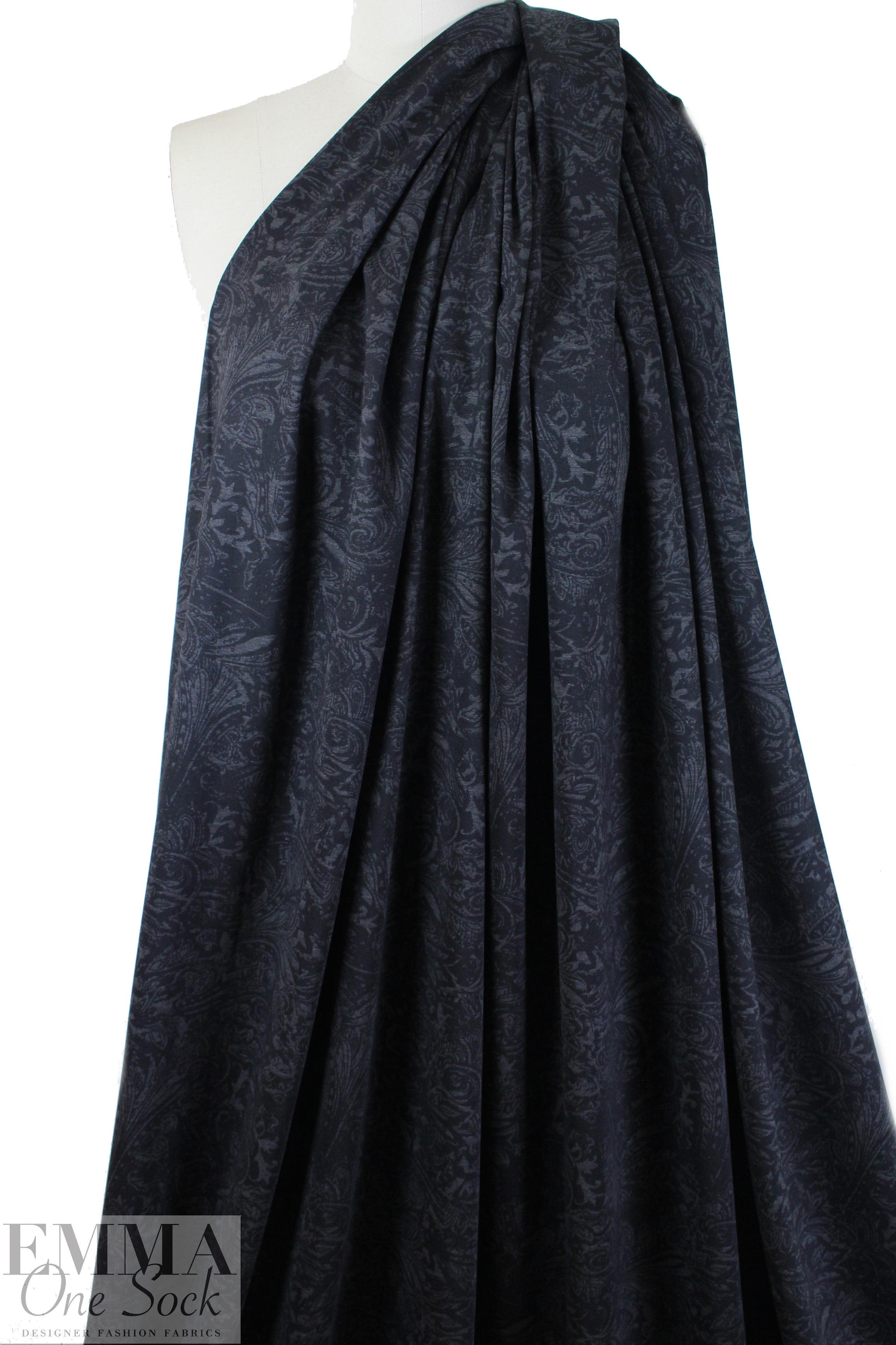 charcoal and black paisley floral 4-way stretch ponte 3 yds