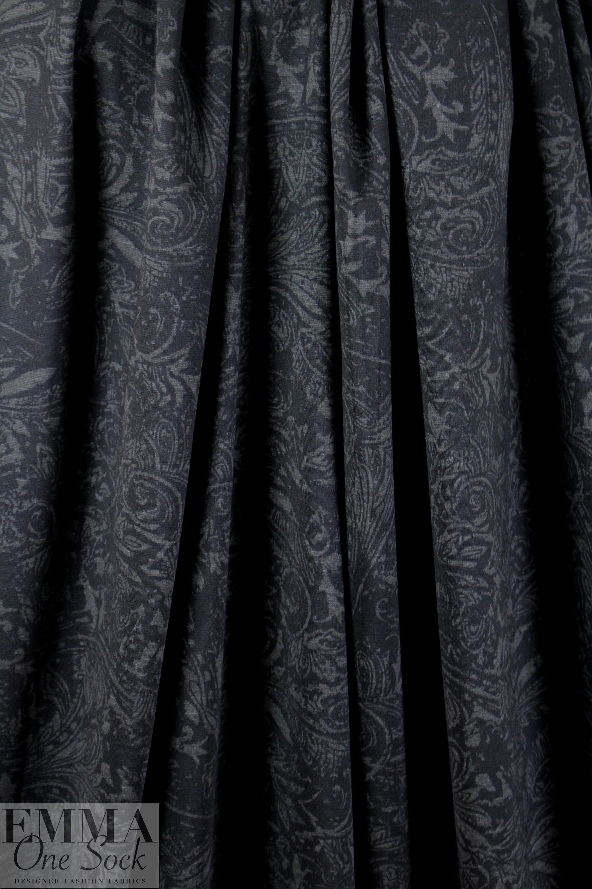 charcoal and black paisley floral 4-way stretch ponte 1 yard