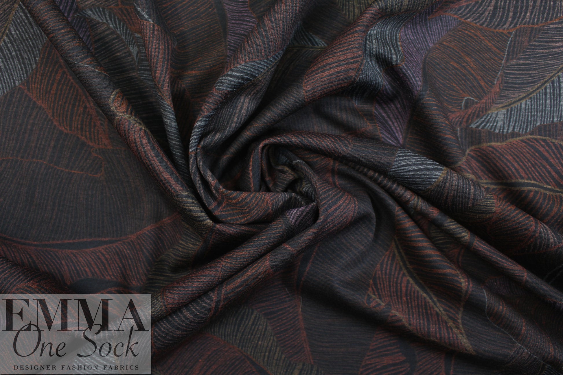 rust/lilac leaf print 4-way stretch ponte