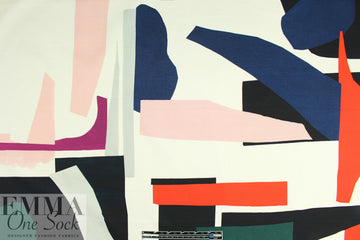 NY designer graphic shapes print ponte - navy/blush/red