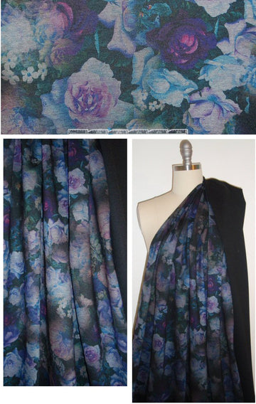 nocturnal floral ponte - wine/blue/black 1.25 yd