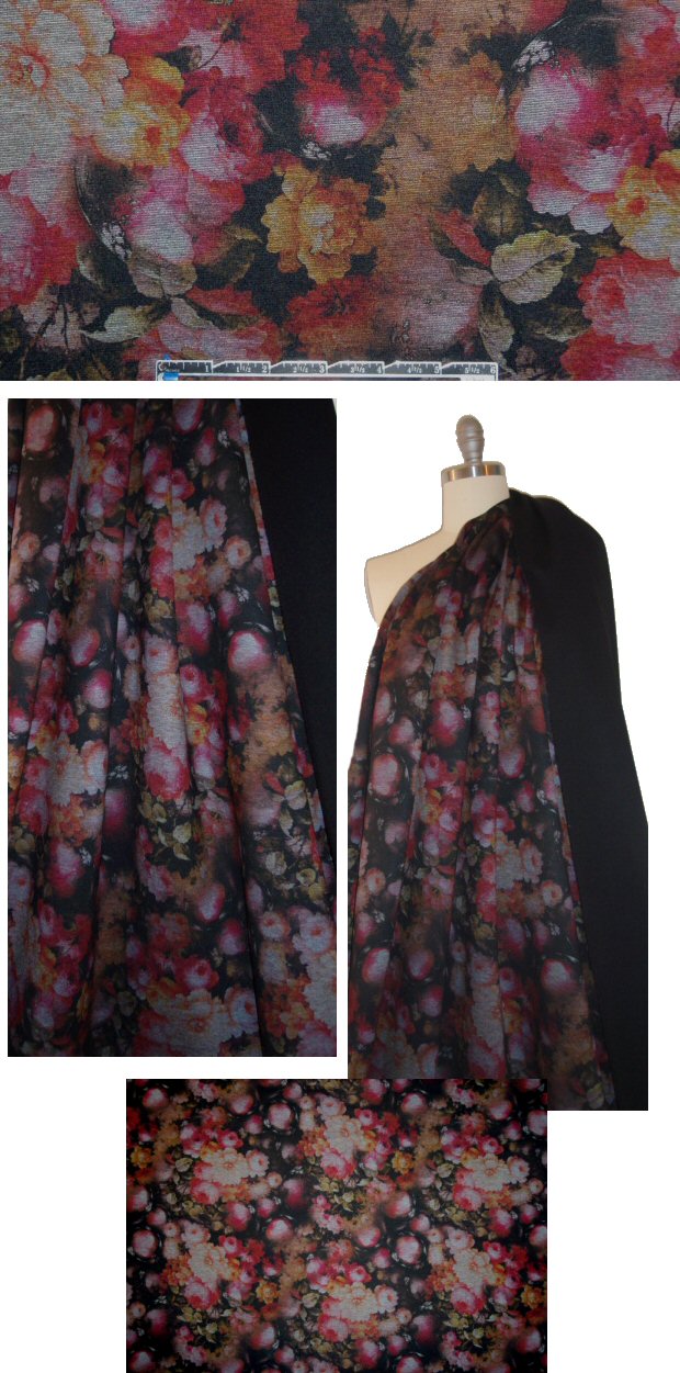 nocturnal floral ponte - rouge/sepia vintage 1 yard
