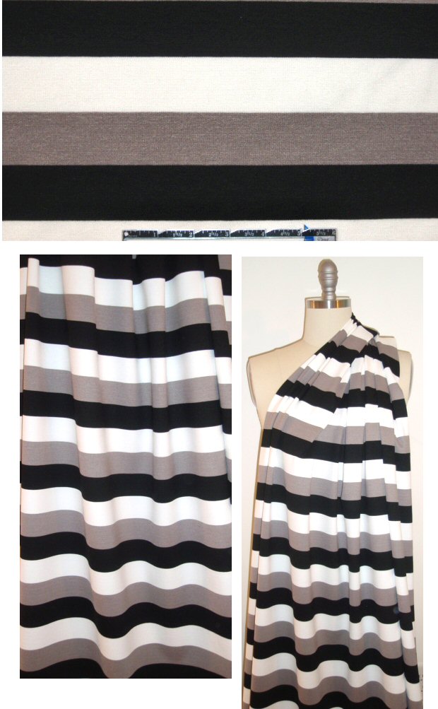 Italian black/white/taupey gray striped ponte knit .80 yds