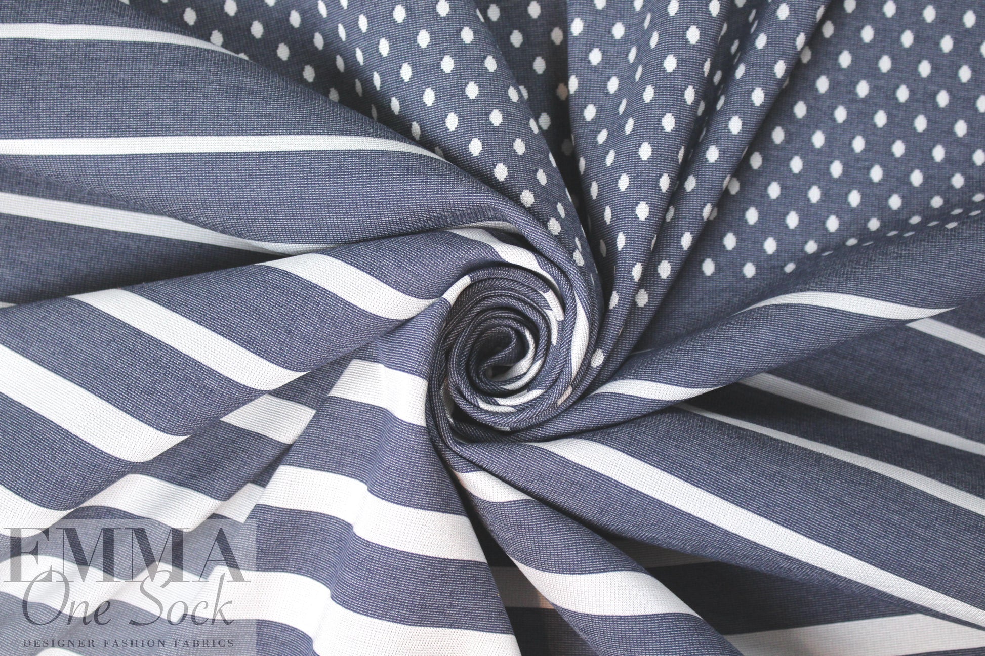Italian stripes and dots 4-way stretch ponte - navy/white