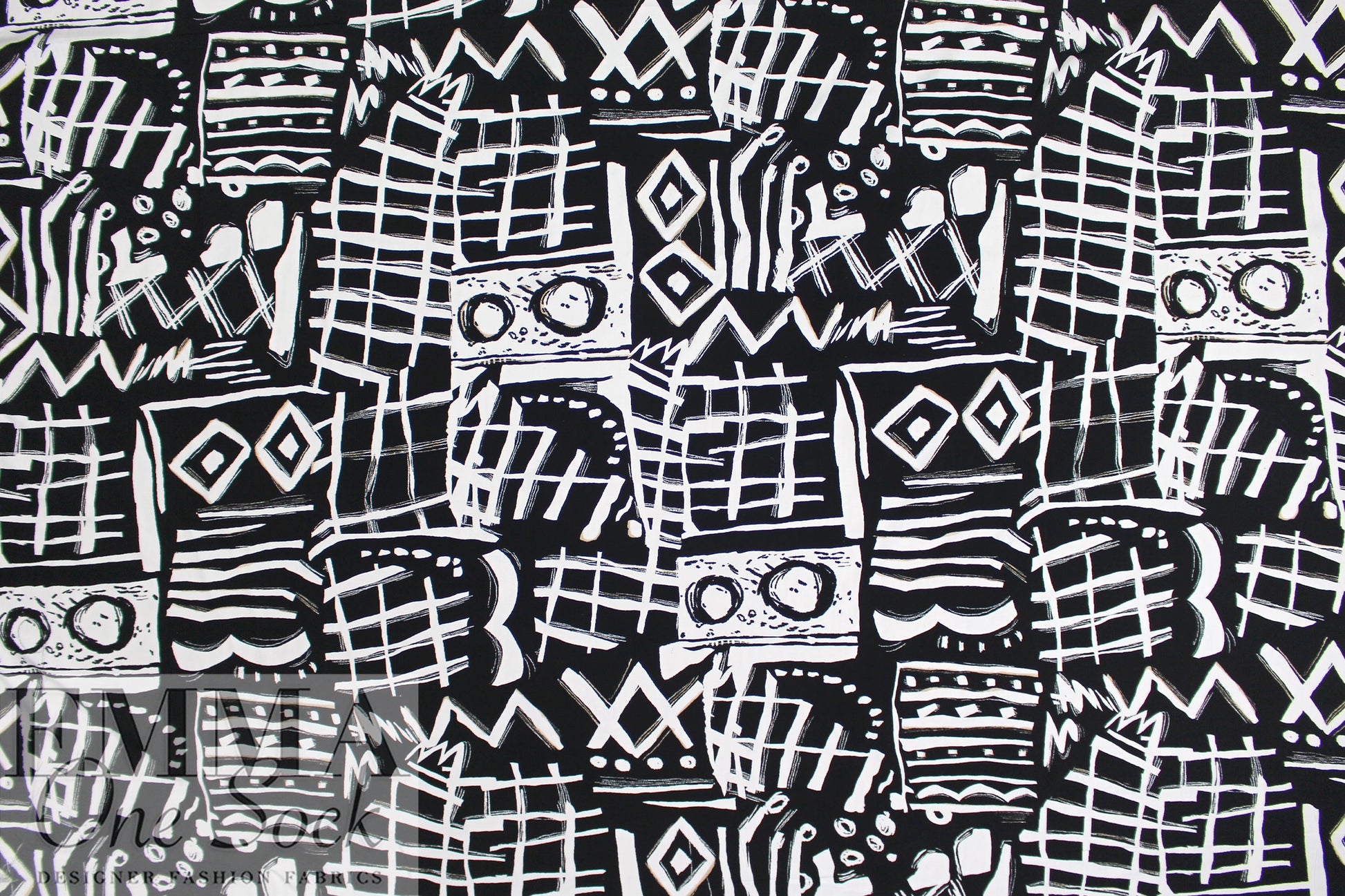 woodcut shapes drapey viscose woven - black/soft white .5 yds