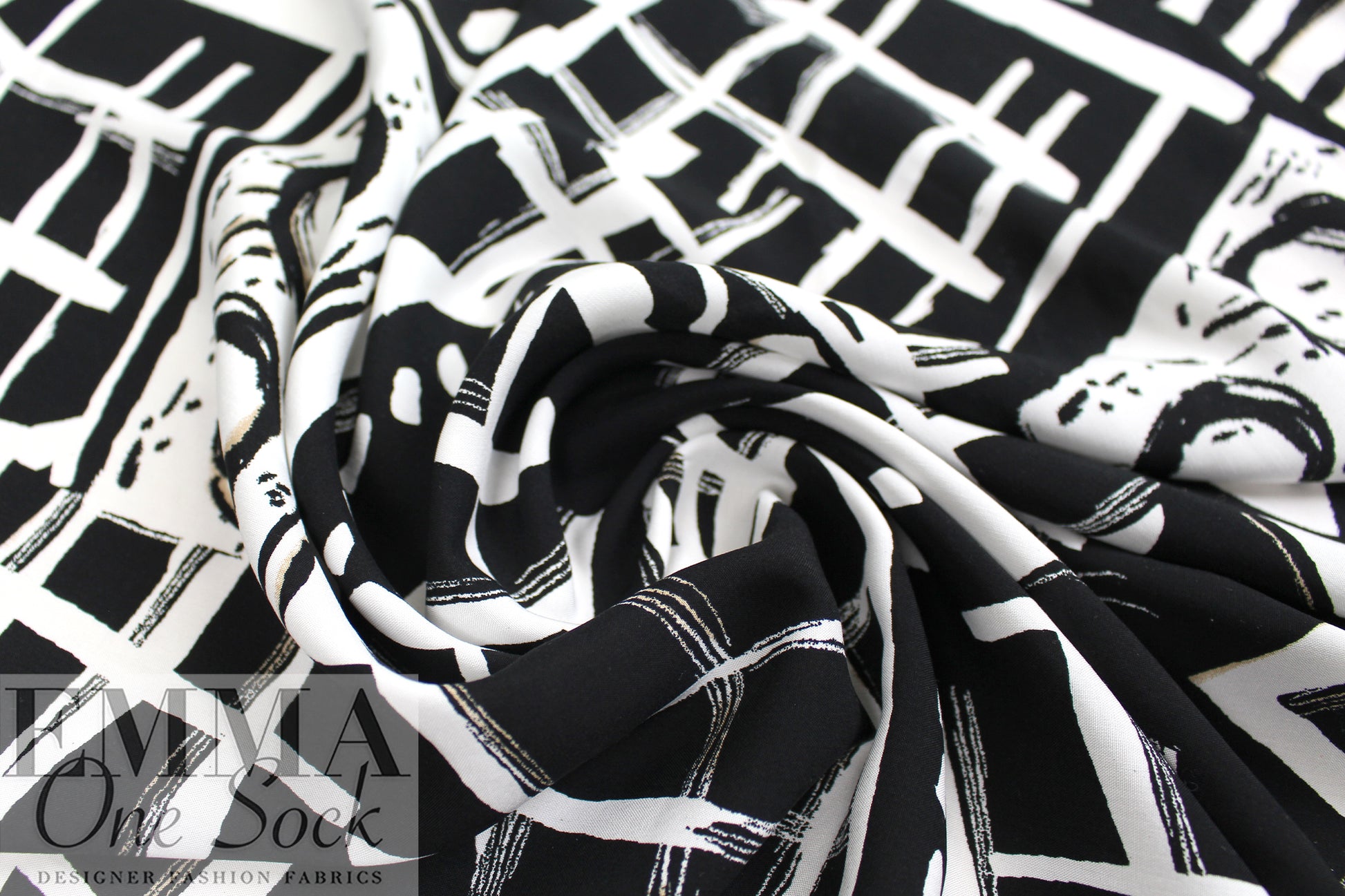 woodcut shapes drapey viscose woven - black/soft white .5 yds