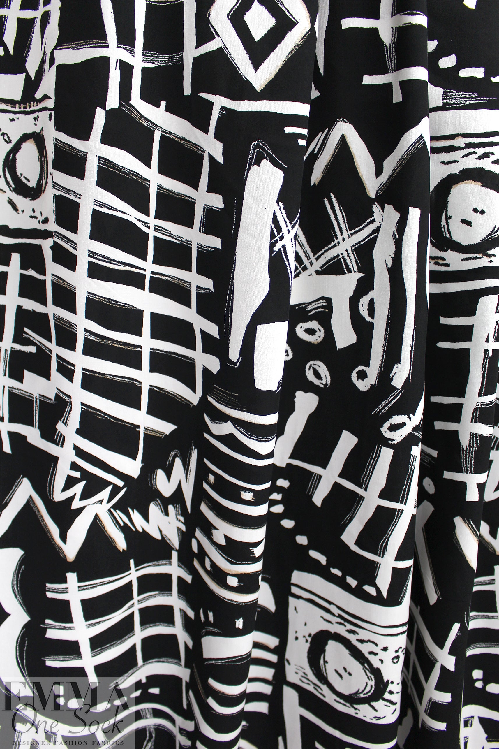 woodcut shapes drapey viscose woven - black/soft white .5 yds