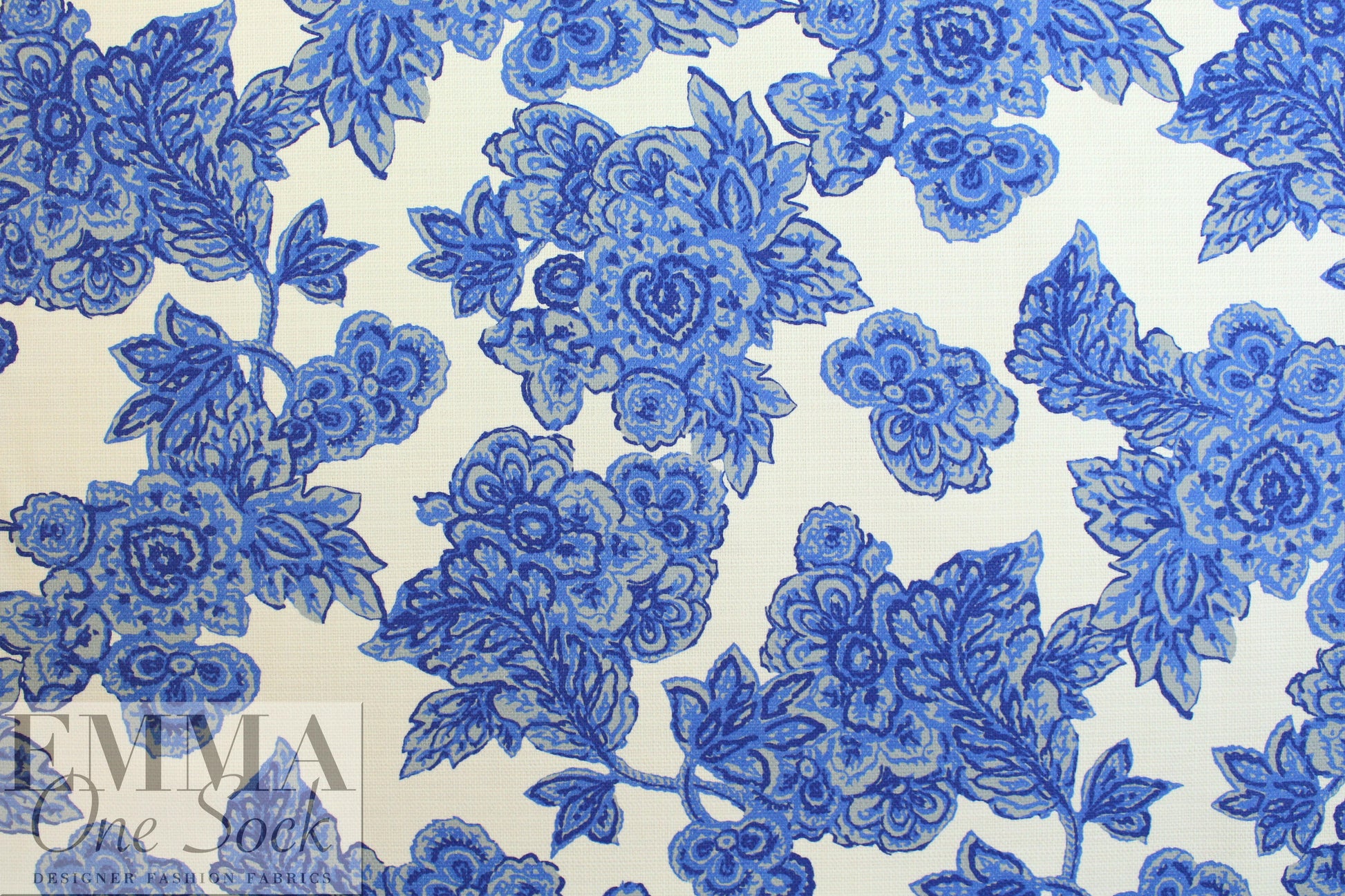 Italian decorative blue floral cotton basketweave