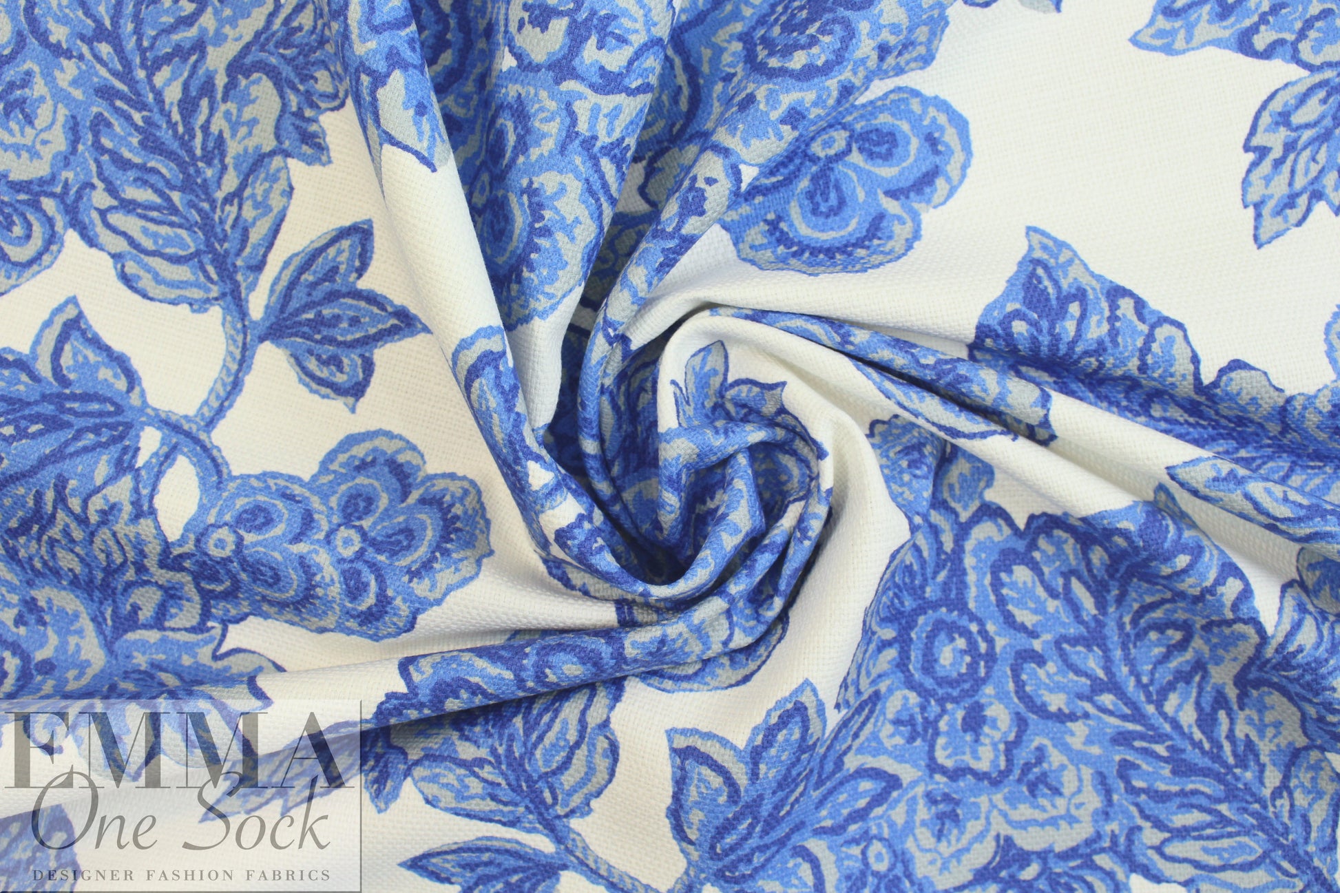 Italian decorative blue floral cotton basketweave