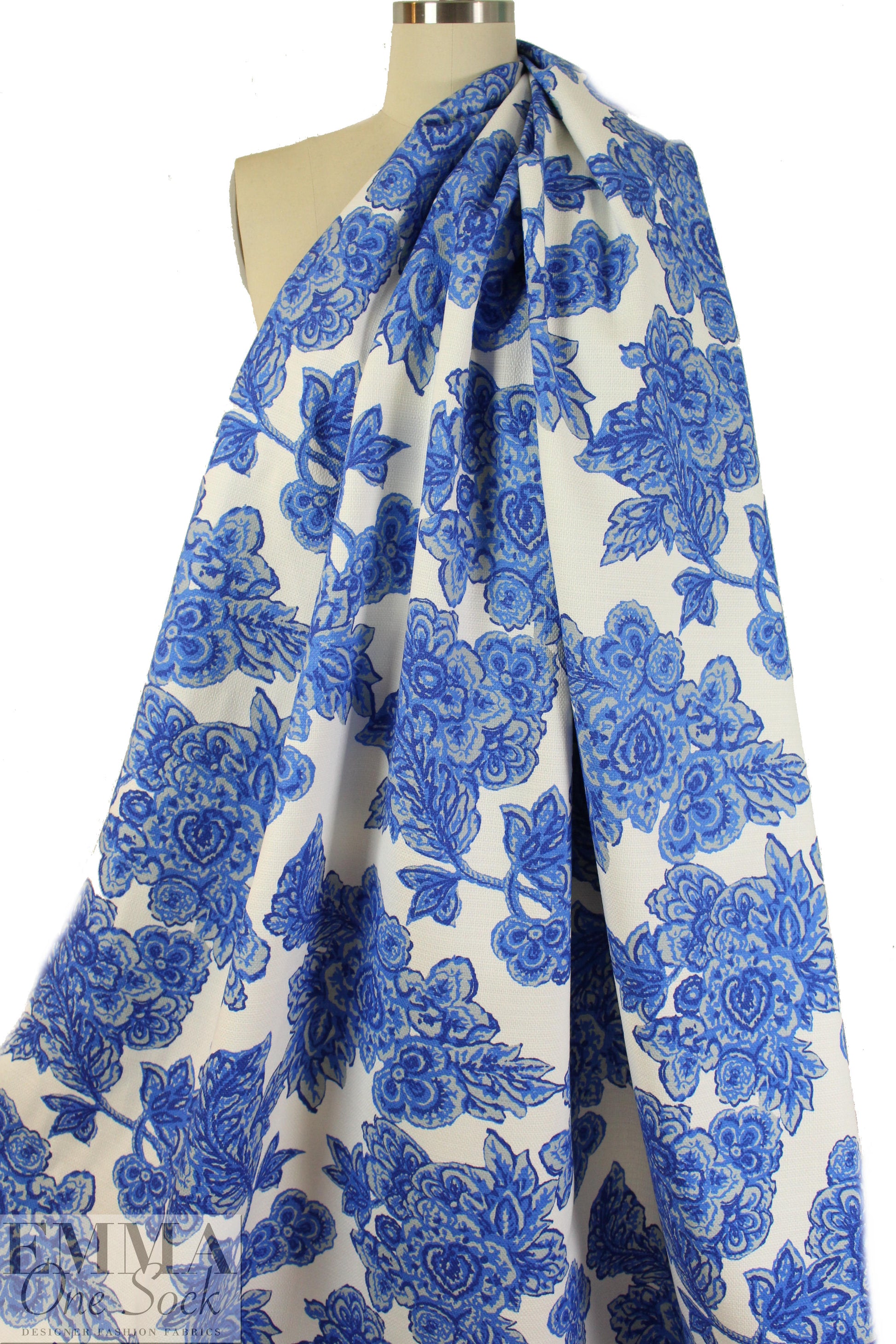 Italian decorative blue floral cotton basketweave