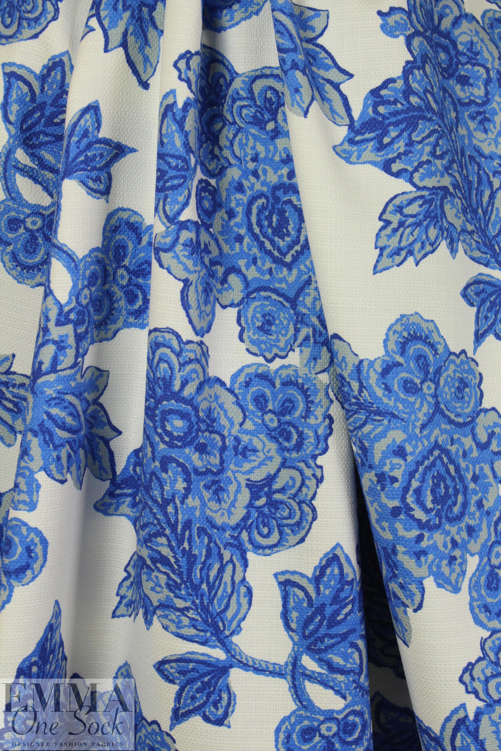 Italian decorative blue floral cotton basketweave
