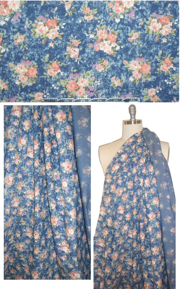 floral clusters printed cotton blend stretch denim