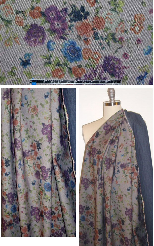 French vintage floral printed stretch denim .875 yds